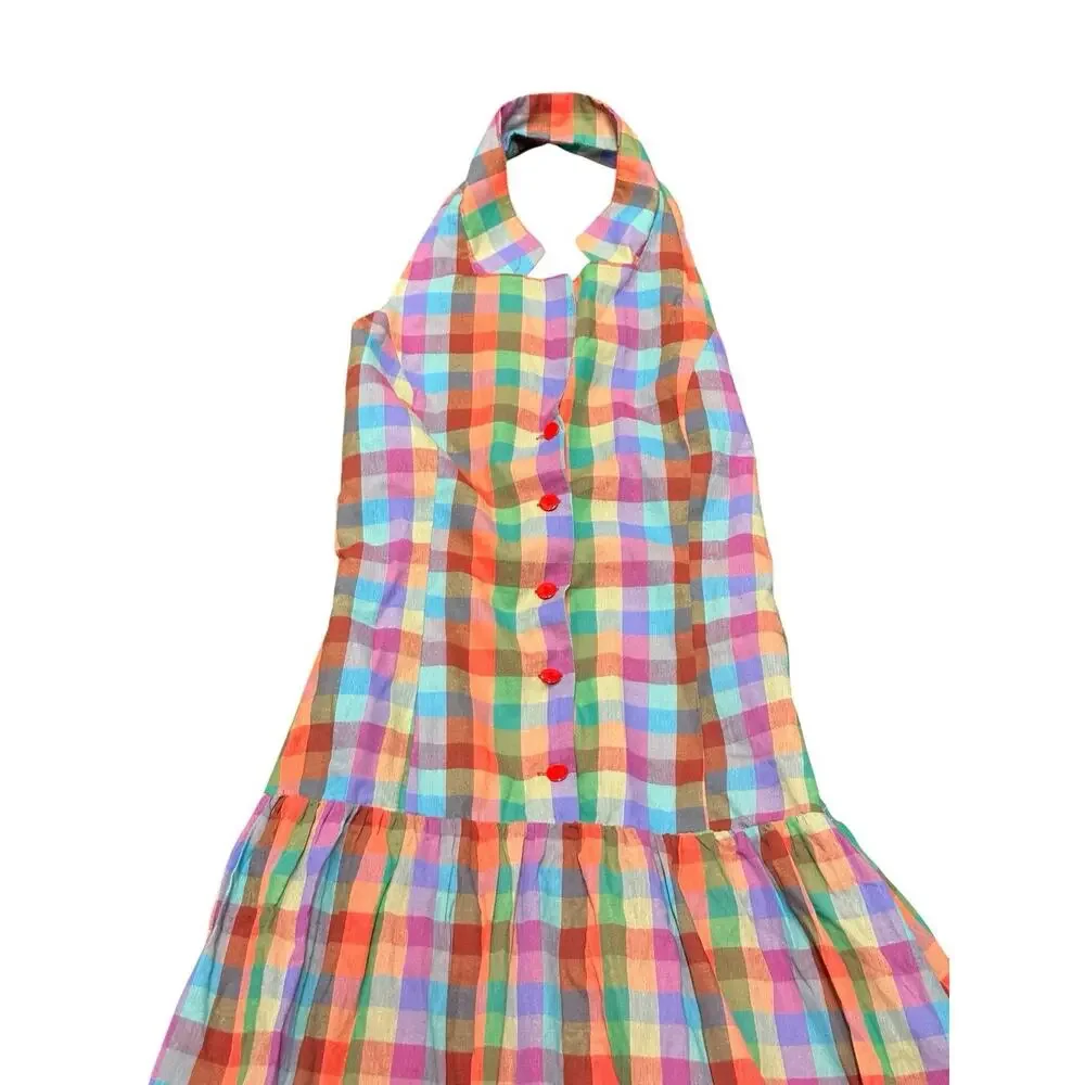 NWT Lisa Says Gah Vaughn Midi Dress Colorburst Plaid Halter Smocked Back L - Picture 8 of 11